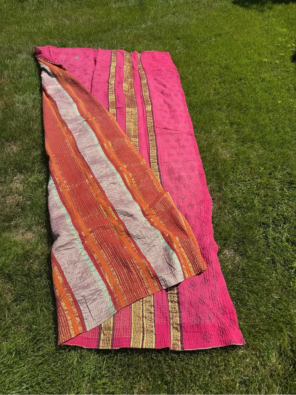 Vintage Kantha Quilt Hot Pink Gold Reversible Indian Hand Stitched Throw